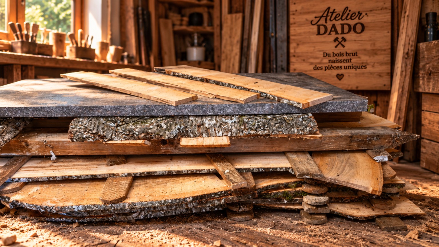 Planches de bois brut à l’atelier